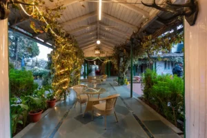 Walkway with seating and greenery at Royal Heritage Nainital hotel