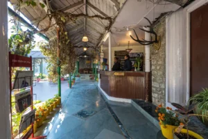 Reception area of Royal Heritage Nainital with vintage decor and stone walls