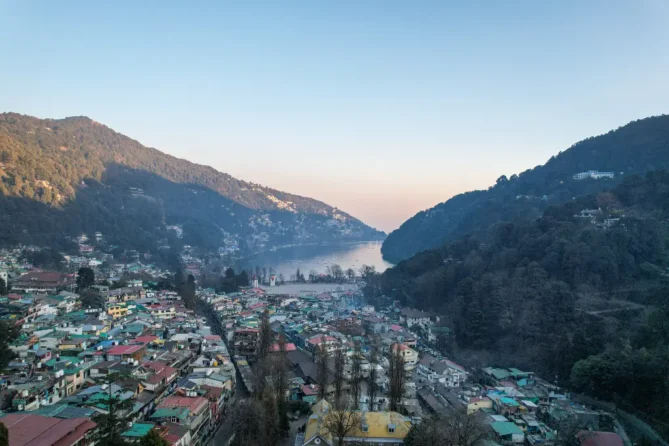Panoramic view of Nainital Lake and town from hilltop at sunrise